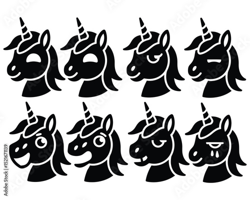 Whimsical Unicorn Expression Icons – Magical Silhouette Symbol Set

