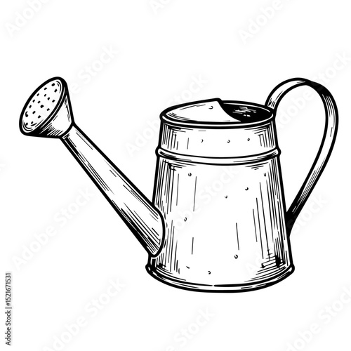 Vintage watering can illustration. Detailed drawing of metal garden watering can with long spout and handle. This image is perfect for gardening blogs, websites,