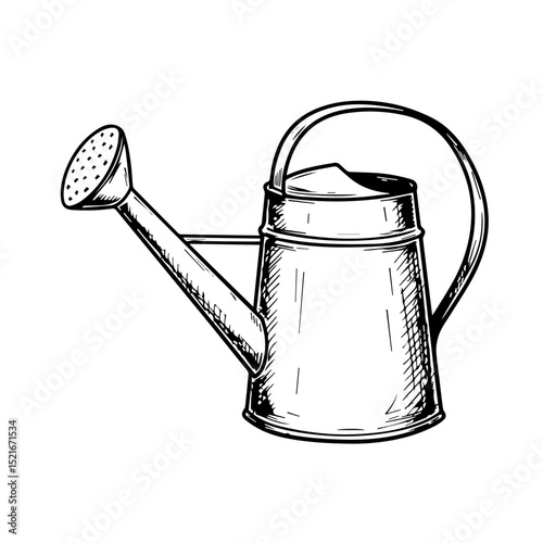 Vintage watering can illustration. Detailed drawing of metal watering can with long spout and handle.  Classic gardening tool sketch perfect for garden supplies catalogs or home decor websites.