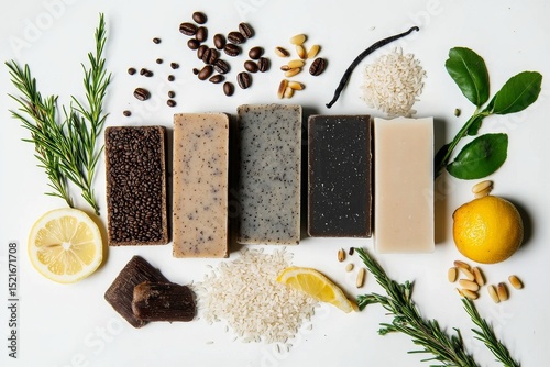 Natural Handmade Soap Varieties Displayed on a White Surface With Decorative ...