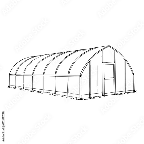 Greenhouse structure with arched roof and door. Sturdy greenhouse design includes metal frame and transparent polycarbonate panels. Durable greenhouse for gardening enthusiasts.