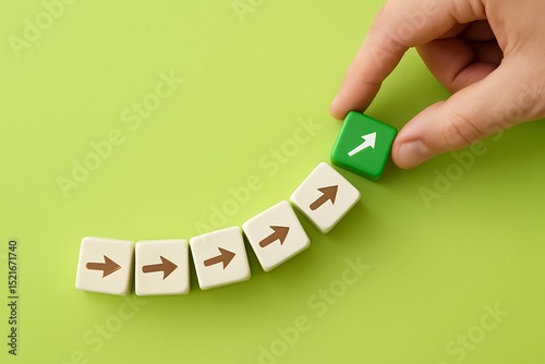 Hand Placing Green Block with Upward Arrow Among Beige Blocks on Green Background Symbolizing Change, New Direction, Innovation, and Progress in Business Strategy and Sustainable Development Concepts.