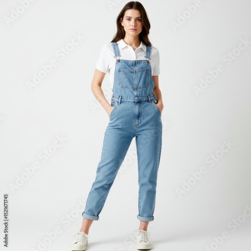 Woman in light blue denim overalls isolated on white background