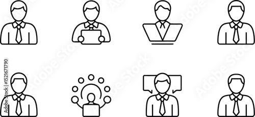 A set of eight outline icons depicting business professionals in various work related activities and poses