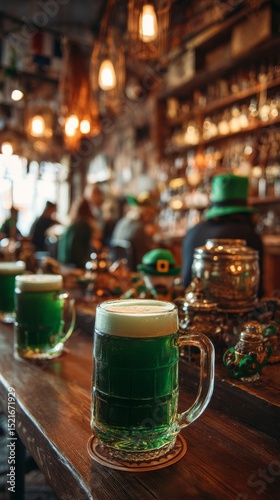 Green Beer Served in Glasses at a Lively Pub During St Patricks Day Celebration
