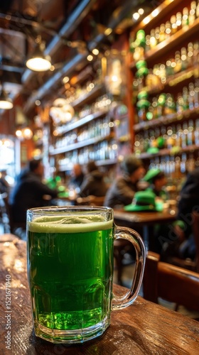 Green Beer on a Wooden Table in a Lively Pub During St. Patricks Day Celebrat...