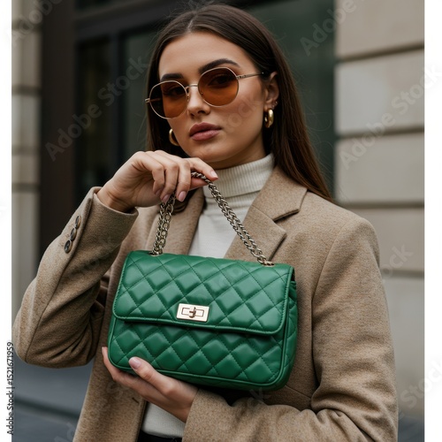 Woman holding emerald green quilted bag isolated 