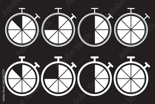 Set of timer clock faces and stopwatch icons. The countdown timer displays hours and minutes. White Stopwatch shows intervals ranging from 5 to 60 minutes on Dark (Black) Background. EPS 10.