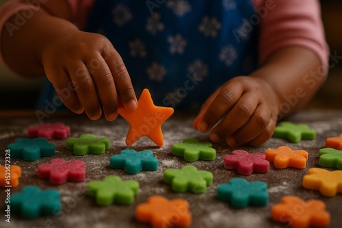 Adorable Child Hands Decorating Colorful Star Shaped Sugar Cookies Festive Baking Sweet Treats Homemade Kitchen Fun Little Baker Childrens Play Dough Dessert Making Activity red food pink blue cute   