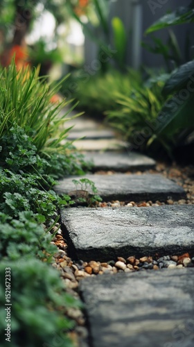 Pathway Lined With Stones Amidst Lush Greenery in a Tranquil Garden Setting