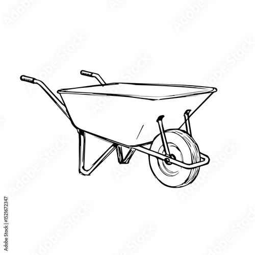 Sturdy wheelbarrow with metal frame and single wheel. Durable wheelbarrow design for heavy loads, perfect for gardening or construction projects.