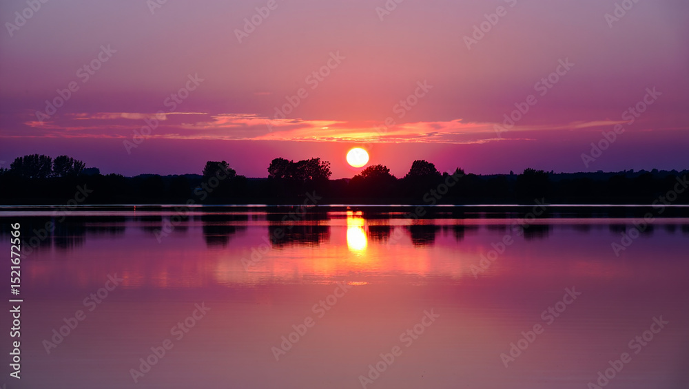 Naklejka premium Serene sunset over a calm lake with silhouetted trees