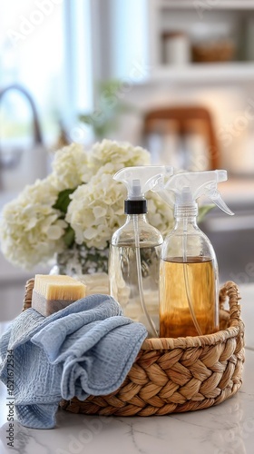 Cleaning Supplies Arranged in a Woven Basket With Flowers on a Kitchen Counte...