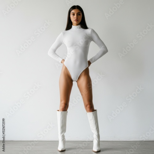 Woman in white bodysuit and boots isolated on white background