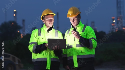 Engineers Reviewing Data at Industrial Site at Night