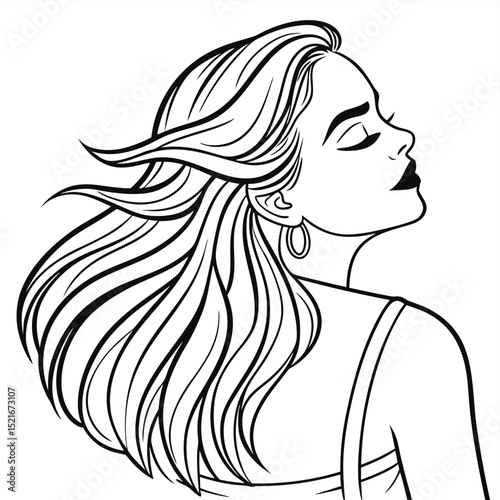 A black-and-white line drawing of a woman with long, wavy hair, shown in profile. Her eyes are closed, and she has earrings and is wearing a sleeveless top.
