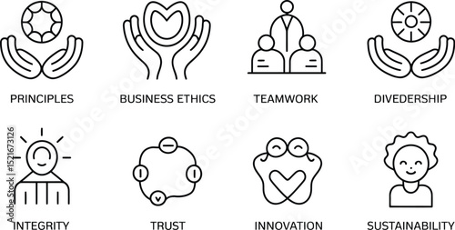 A collection of eight line art icons representing different values and concepts on a white background