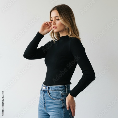 Woman in black mock neck top and jeans isolated on white background