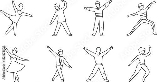 Various figures doing exercises and poses in a line art style on a white background vector illustration