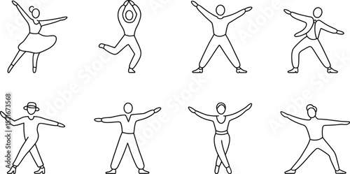 Various line drawings of people in different poses including dancing and stretching on a white background