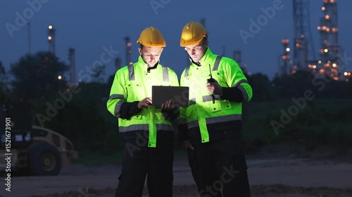 Wallpaper Mural Engineers Reviewing Data at Industrial Site at Night Torontodigital.ca