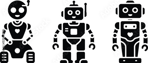 Three black robot icons with different designs standing on a white background in a row isolated art