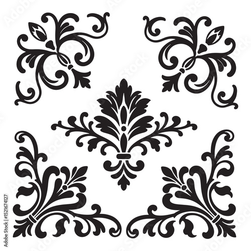 Set of vintage floral design elements with ornamental leaves and swirls