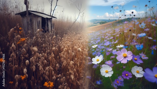 Blooming meadow replacing withered field by abandoned shack: concept of renewal and hope
