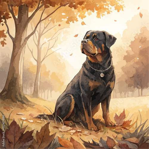 Rottweiler Dog Calmly Sitting Amidst Autumn Leaves in Watercolor Painting