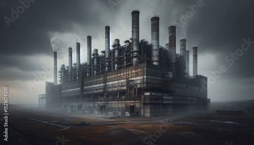Industrial pollution emitted by power plant under dark clouds