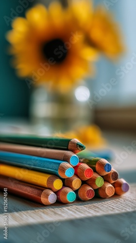 Colorful Pencils Arranged Creatively With Sunflowers in a Bright Indoor Setting