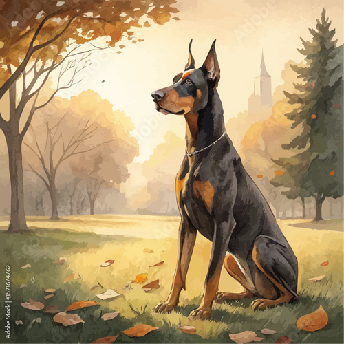  Doberman Pinscher Sitting Upright on Autumn Grass in Park with Fall Foliage