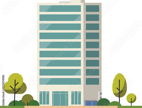 Modern Office Building with Green Landscape – Flat Vector Illustration