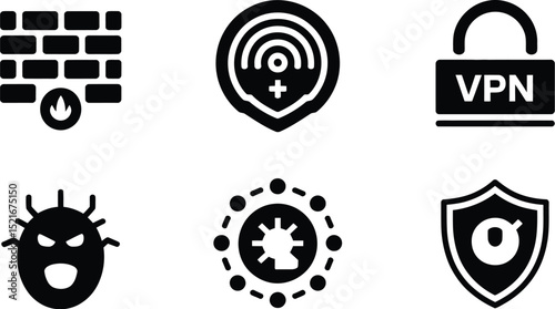 An illustration showing six different icons related to computer security and internet protection tools
