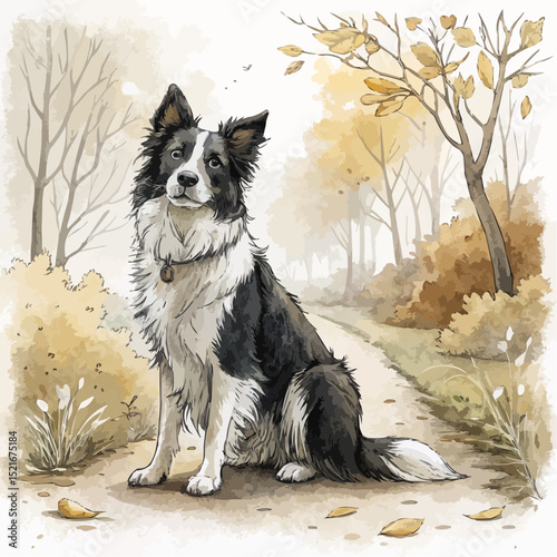  Calm Border Collie Sitting Upright on Leafy Path in Tranquil Autumn Setting