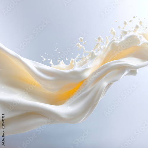 Dynamic splash of milk with creamy texture flows gracefully against simple background, creating sense of motion and fluidity