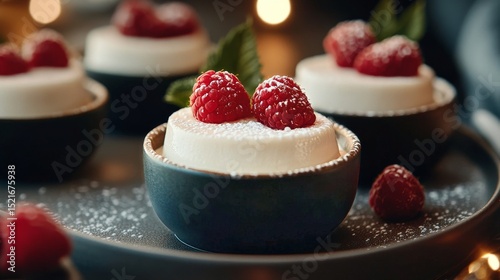 Delicious Raspberry Mousse Cups Served by a Chef in a Warm Kitchen Setting Du...