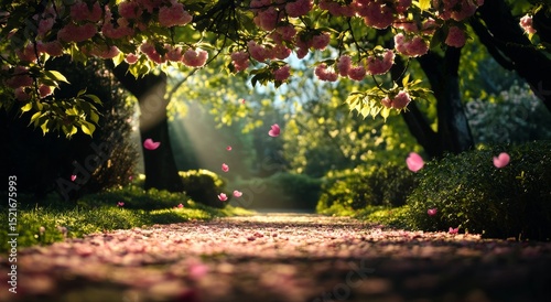 Blossoming Cherry Trees Line a Tranquil Path in a Vibrant Spring Garden at Su...