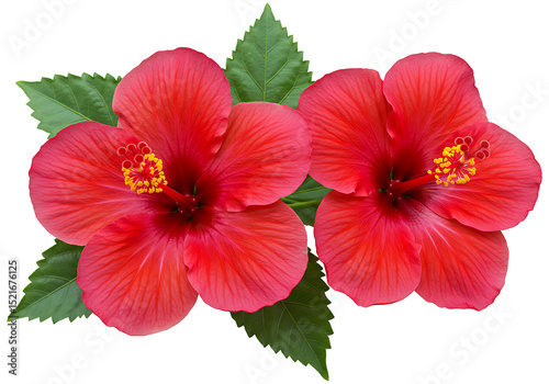 Bright Red Hibiscus Flower with Green Leaves Isolated on Transparent Background – Tropical Floral Design