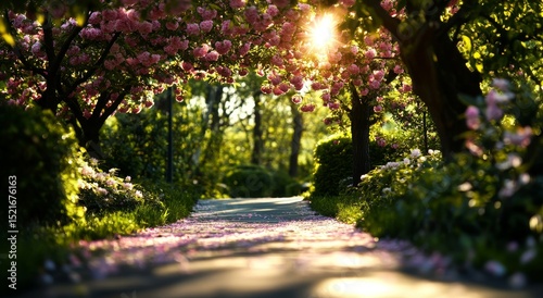 Beautiful Spring Pathway Lined With Blooming Cherry Blossoms in a Sunny Park
