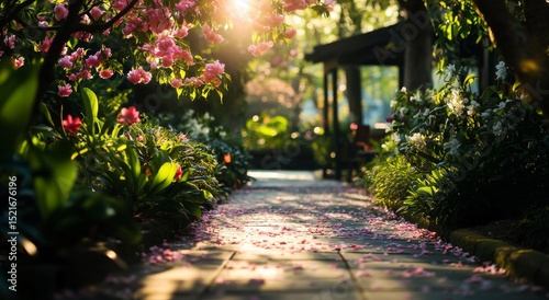 Beautiful Spring Pathway Lined With Blooming Cherry Blossoms in a Sunny Park.