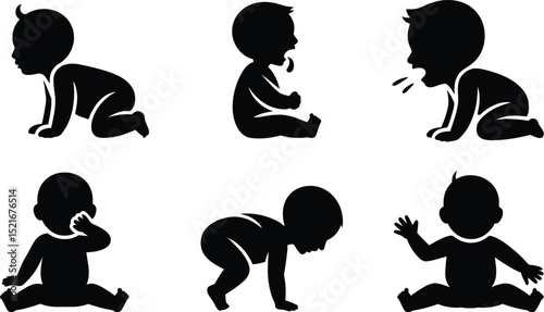 Six black silhouette illustrations showing different stages and actions of a baby on a white background