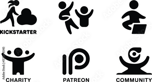 A collage of six black and white logos including kickstarter patreon charity and community symbols