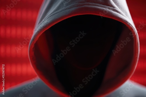 Cybersecurity metaphor with hooded hacker in front of red warning screen, showing digital threats and online risks