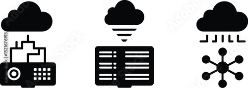 Three black cloud computing icons showing data transfer and networking on a white background layout