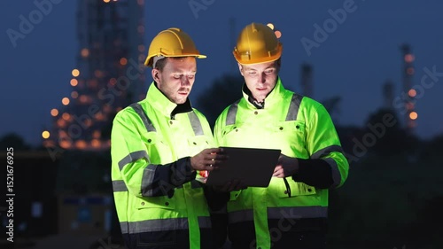 Engineers Reviewing Data at Industrial Site at Night