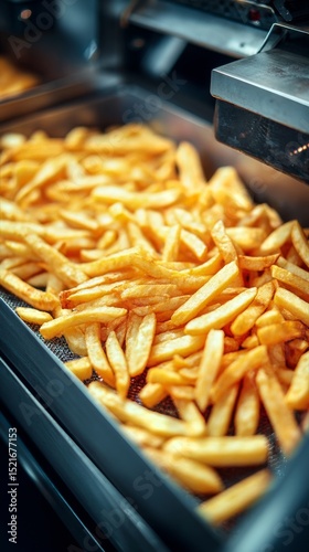 Golden Brown Fries Cooling Down After a Fry Basket is Removed From the Fryer ...