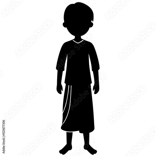 A silhouette of a boy standing straight wearing a asian lungi