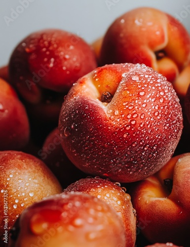 Freshly Picked Peaches With Dew Droplets on a Summer Morning in a Vibrant Orc...