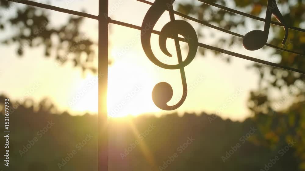 Musical art silhouette of musical notes and treble clef on a staff against a bright sky at dusk with golden sun flare.